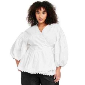 White Kika Vargas Target Scallop Accent Hem Balloon Sleeve Wrap Top 4X